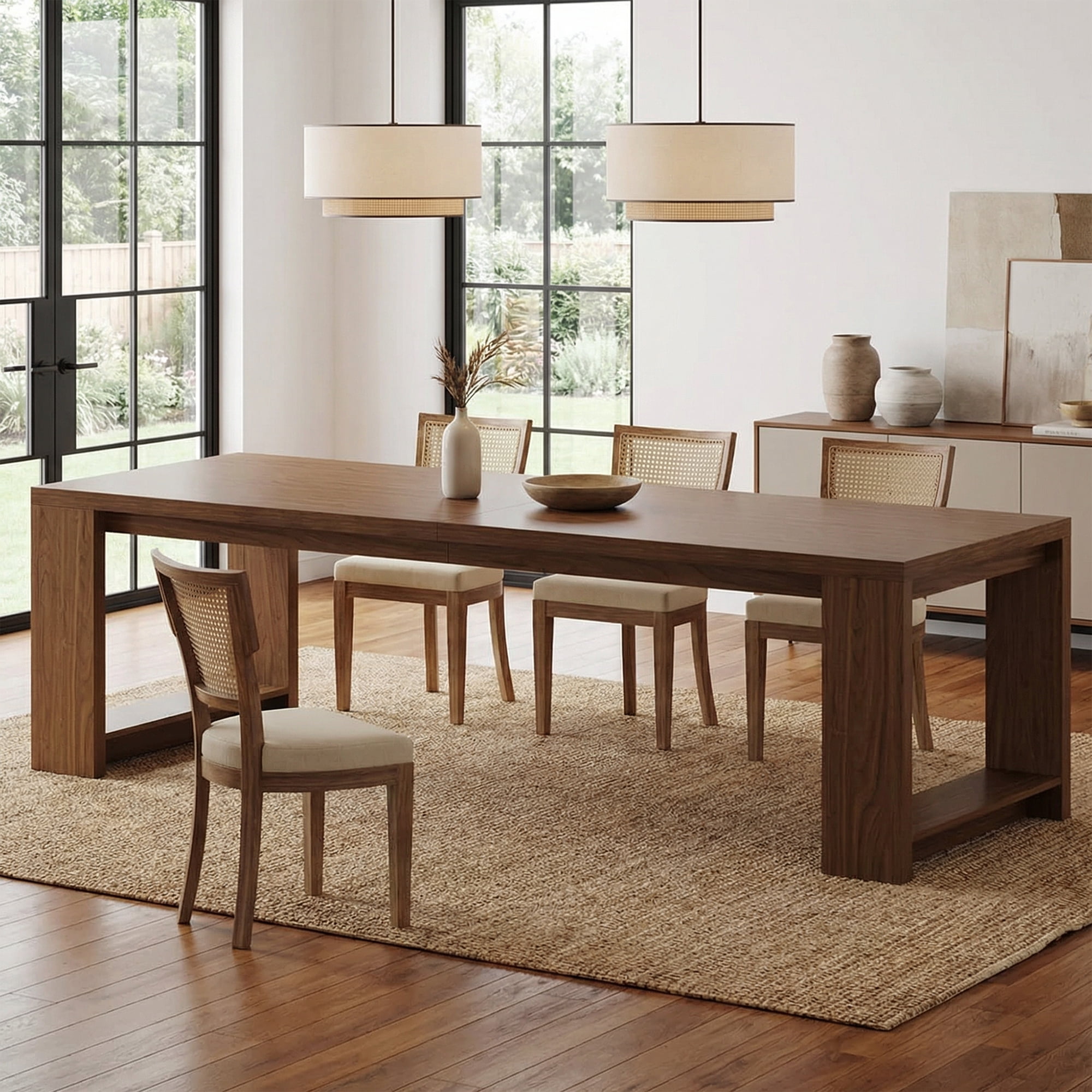 86 Inch Farmhouse Dining Table, Warm Large Kitchen Table For 8-10 People, Solid MDF Dinner Table With Brown Finish, Versatile Table For Home & Office Gatherings