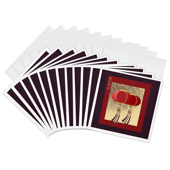 3drose, Happy New Year in Chinese, Red Lanterns with Tassels, 12 Greeting Cards with Envelopes