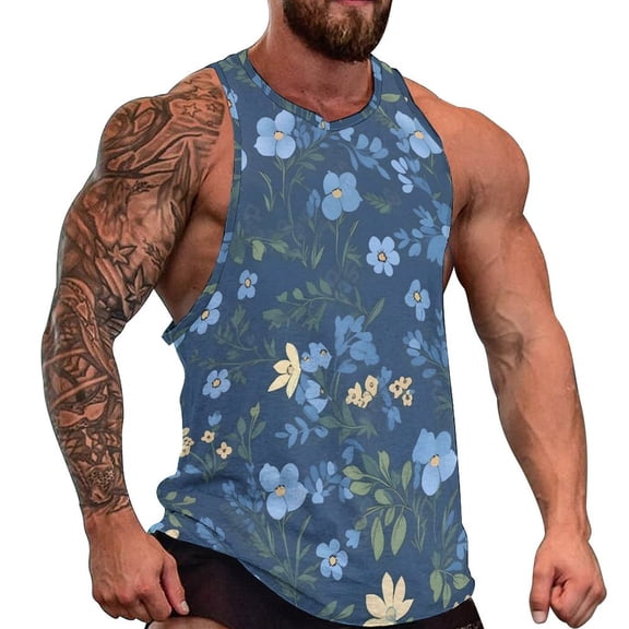 Blue Flower Tank Top Mens Ditsy Floral Print Tops Summer Printed Workout Vintage Oversized