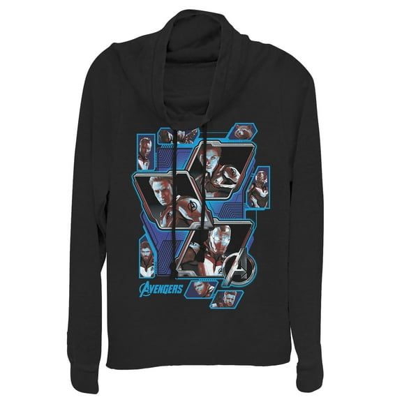 Junior's Marvel Avengers: Endgame Hero Tech Panels Cowl Neck Sweatshirt Black Large
