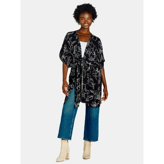 Time and Tru Women's Rayon Ruched Tie Front Print, S/M, Black Soot Floral