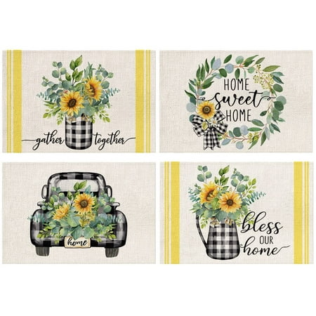 

Summer Decorations Truck Sunflower Buffalo Plaid Placemats 18x12 Inches Seasonal Holiday Spring Sunshine Decor Farmhouse Indoor Vintage Theme Gathering Dinner Party AP088