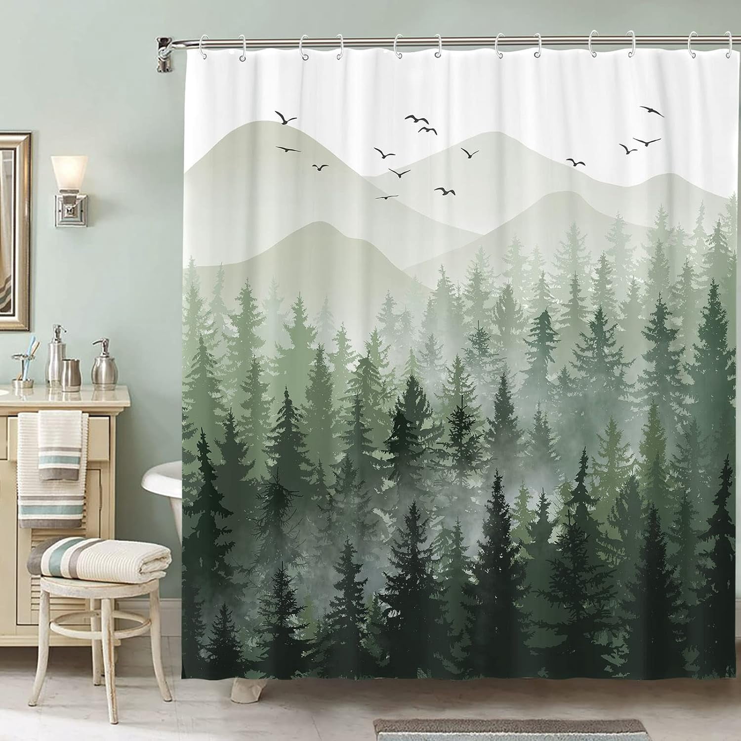Green Misty Forest Shower Curtain Ombre Sage Green White Mountain Pine Tree Waterproof Fabric Shower Curtains for Bathroom Nature Woodland Decorative Modern Bath Curtain Decor 72×72 Inches