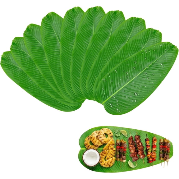 10 Pack Artificial Banana Leaf Placemats, 14.1 x 7.2 Inch Fake Tropical Leaves for Table Setting, Green Leaf Mats for Hawaiian Luau Jungle Safari Party Decor Centerpieces