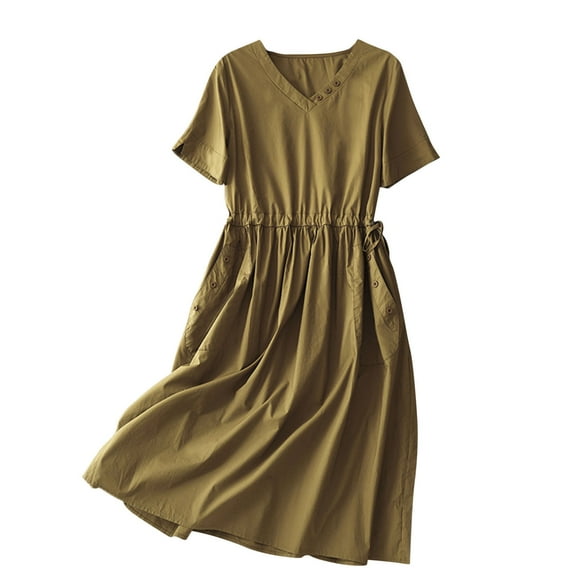 Kaemgyyd Casual Dresses for Women Cotton Linen Tie Waist Loose Dress V Neck Short Sleeve Solid Flowy Dress with Pockets
