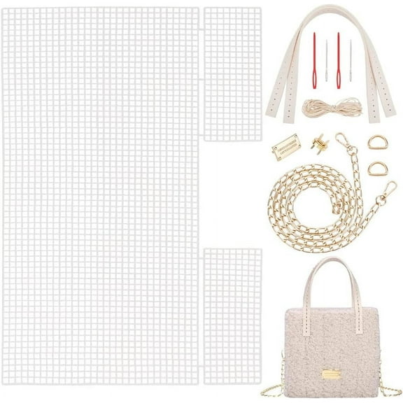 DIY Knitting Crochet Bags Kit Hand-Knit Woven Bag Making Kit Mesh Plastic Canvas Sheets for Embroidery Cross Stitch DIY Shoulder Bag Making Accessories Crafting Yarn Weaving Kit Apricot DIY