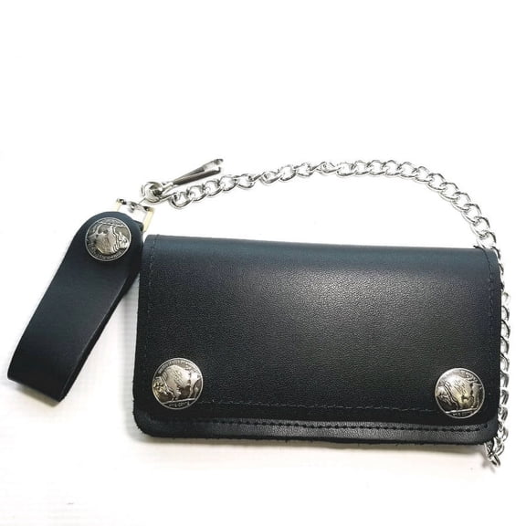 Men's Black Bi-Fold Leather Chain Wallet w/ Buffalo Nickel Snaps, USA Made
