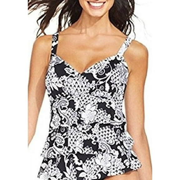Swim Solutions BLACK/WHITE Printed Tiered Tankini Swim Top, US 8