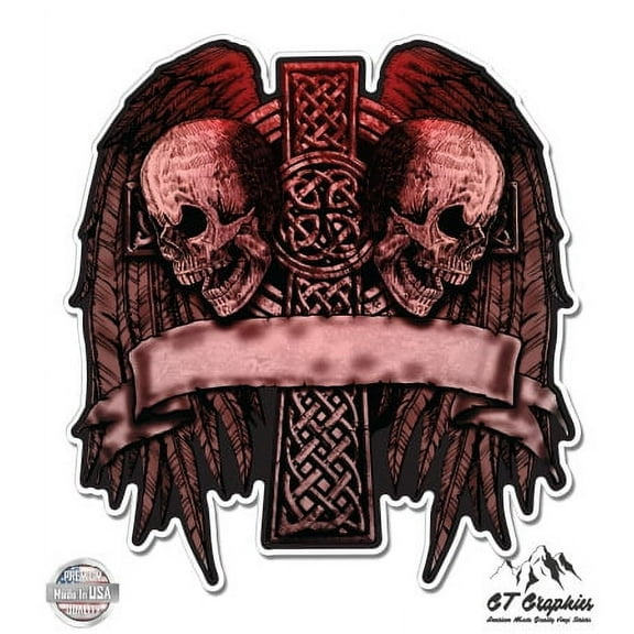 Celtic Cross Skull Wings - 3" Vinyl Sticker - For Car Laptop I-Pad Phone Helmet Hard Hat - Waterproof Decal