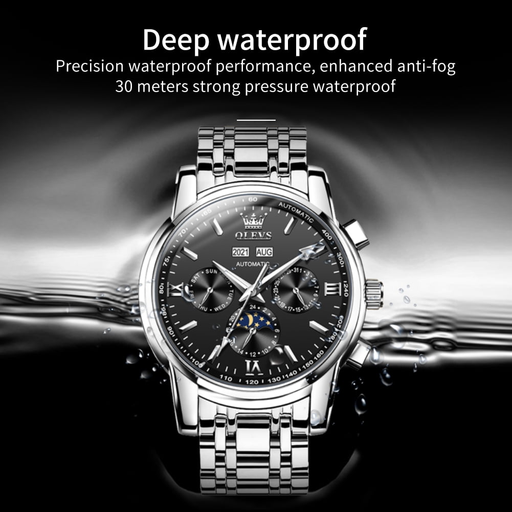 OLEVS Automatic Watches for Mens Self Winding Mechanical Multifunction Chronograph Luxury Business Dress Moon Phase Stainless Steel Waterproof Luminous Calendar Mens Wrist Watches Reloj Para Hombre
