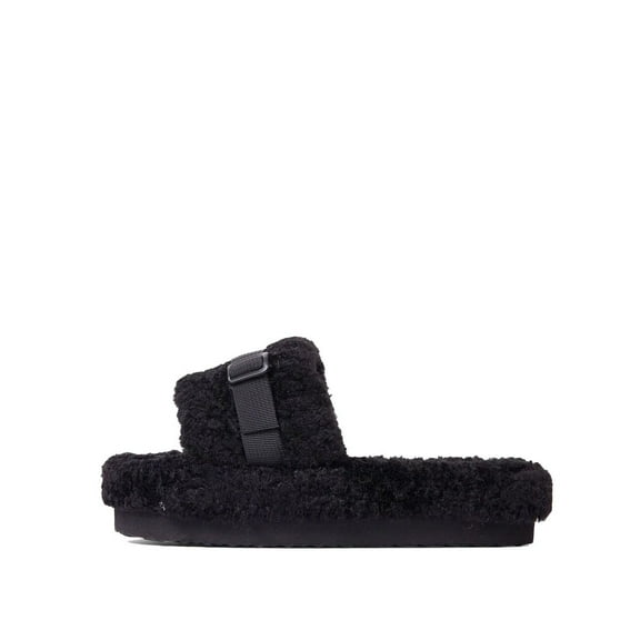 Luxemoda Womens Buzzing Black Buckle Detail Flatform Slider Faux Fur Sandals (BLACK, 11)