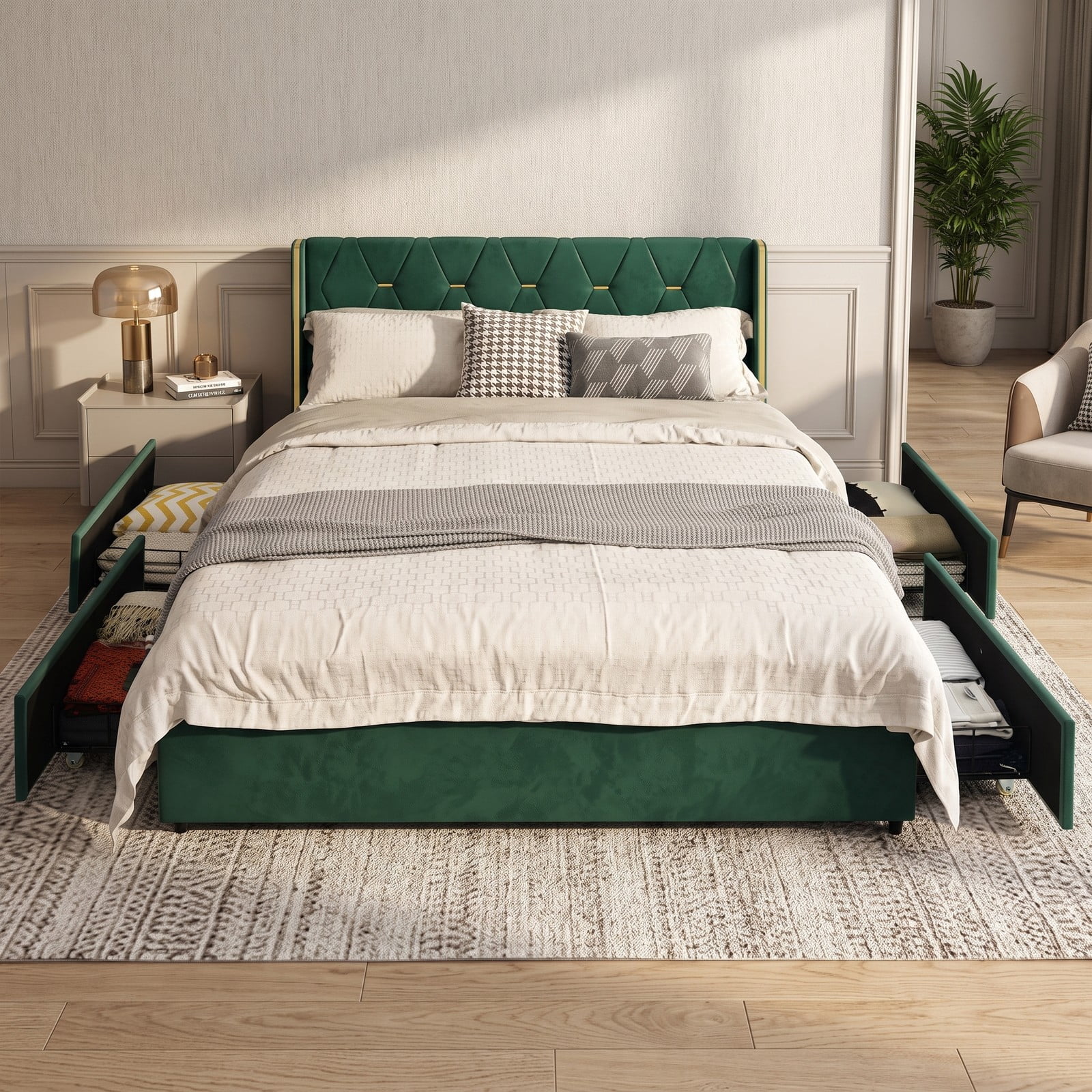 Furnibear Queen Bed Frame with Storage, Upholstered Platform Bed with High Headboard, 4 Storage Drawers and Gold Trim, No Box Spring Needed, Green