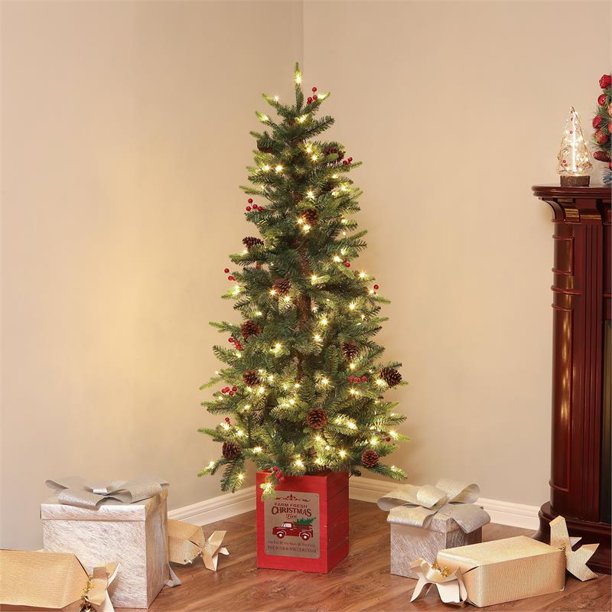 5ft PreLit Porch Artificial Flocked Tree with Red Wood Base Walmart
