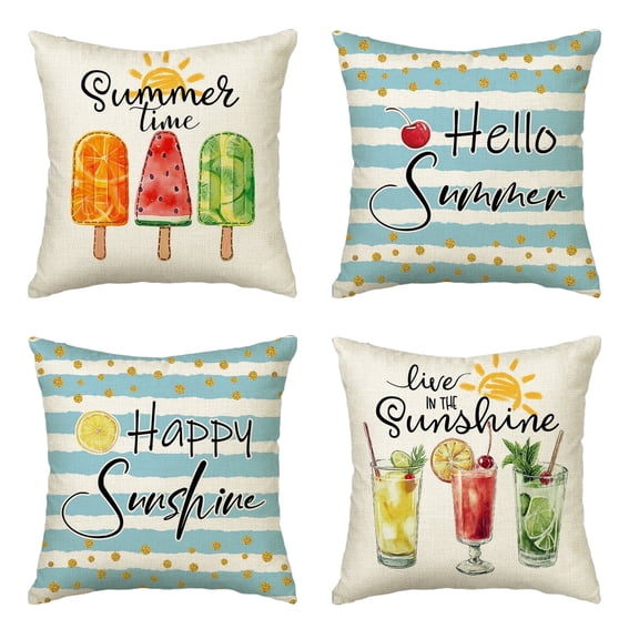 Sm:)e Summer Pillow Cover Set of 4 - 18x18 Inch Ice Cream Juice Polyester Decorative Cushions