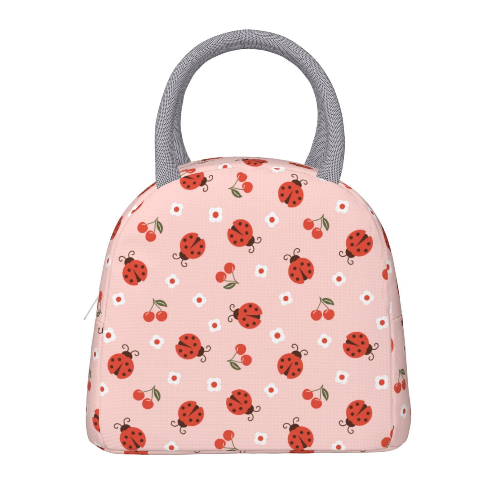 Horeoi Ladybug With Flower Pattern Large Insulated Lunch Bag for Work, School, Picnic - Waterproof, Durable Oxford Cloth, Comfortable Handle-Light Grey