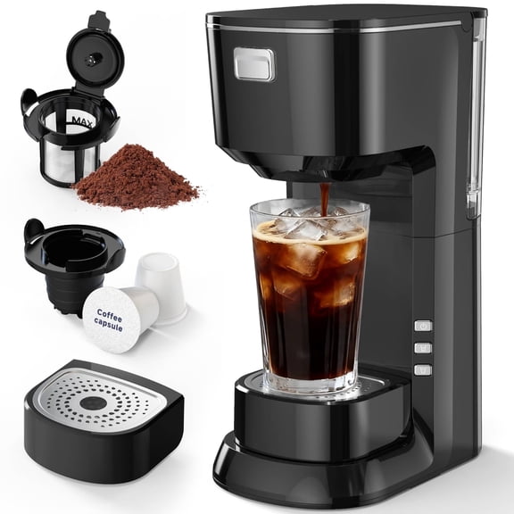 Coffee Maker, 2 in 1 Single Serve Brewer Compatible with K Pods & Ground for Men and Women, 6-24oz and 2-4 Mins Rapid Brew, Compact Coffee Machine for Kitchen Office RV Camping-Black