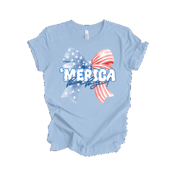 Patriot Pride Reckless Patriot Women's 4th of July Graphic T-Shirt - 'Merica Baby! Patriotic Bow Design-Baby Blue-xxxl