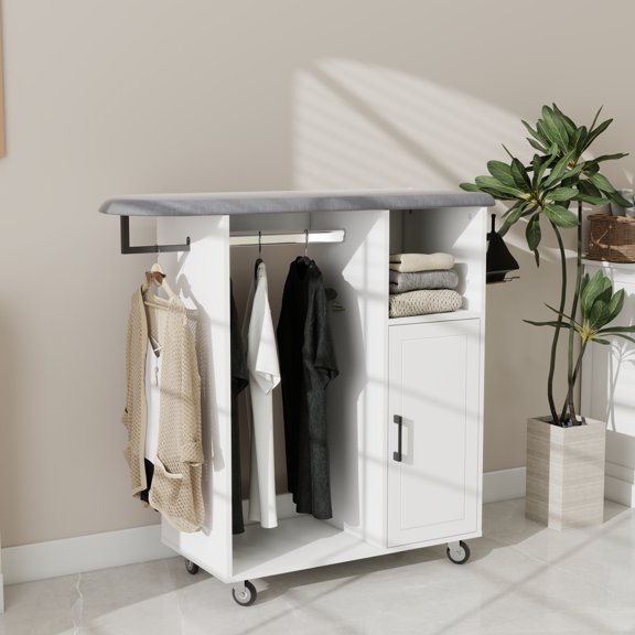 Rolling Ironing Cart with Compact Storage Cabinet & Mobile Ironing Board - Space-Saving Solution for Laundry Room, Bedroom & Closets - White