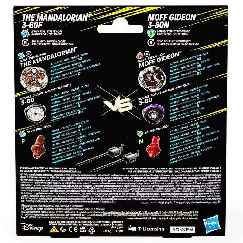 Hasbro Beyblade X Star Wars The Mandalorian 3-60F Attack & Moff Gideon 3-80N Defense Right-Spin Tops Multi-Pack, Metallic Black