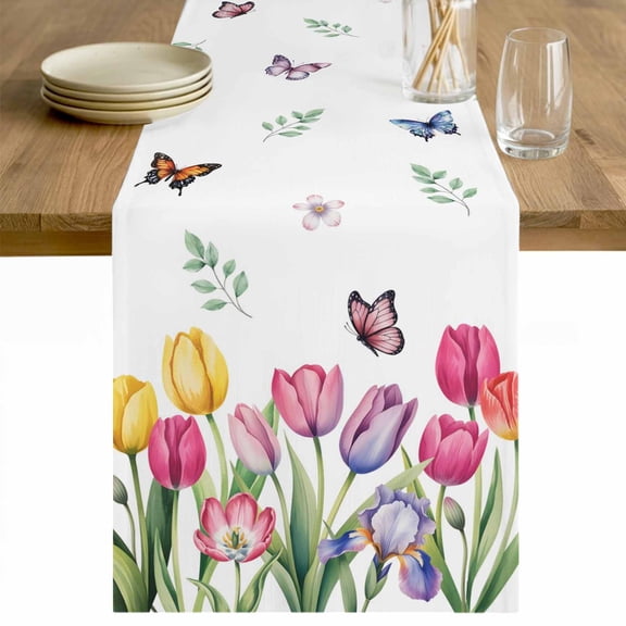 Tulips Spring Floral Table Runner - 72 Inch Long Pastoral Flowers Butterfly Farmhouse Cotton and Linen Blended Dress Scarves Farmhouse Table Runner for Kitchen Dining, Coffee Table, 13" x 72"