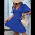thumbnail image 4 of Vestido Mini de Verano con Escote en V y Mangas con Volantes, Corte A, Cintura Alta Elástica, Holgado y con Vuelo. Azul XL, 4 of 9