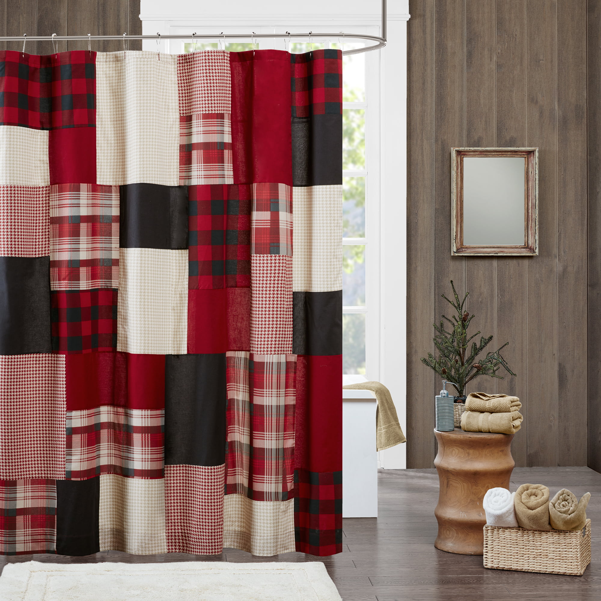 Get Buck Naked Black Red Plaid Pattern Shower Curtain Bathroom Accessory Sets 