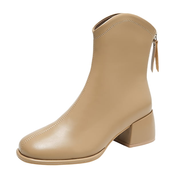 NECHOLOGY Botas Mujer Zapatos Botines para mujer Moda mujer cuero artificial Color sólido otoño suela gruesa tacones cuadrados cremallera botines cortos zapatos de punta redonda (Khaki, 9)