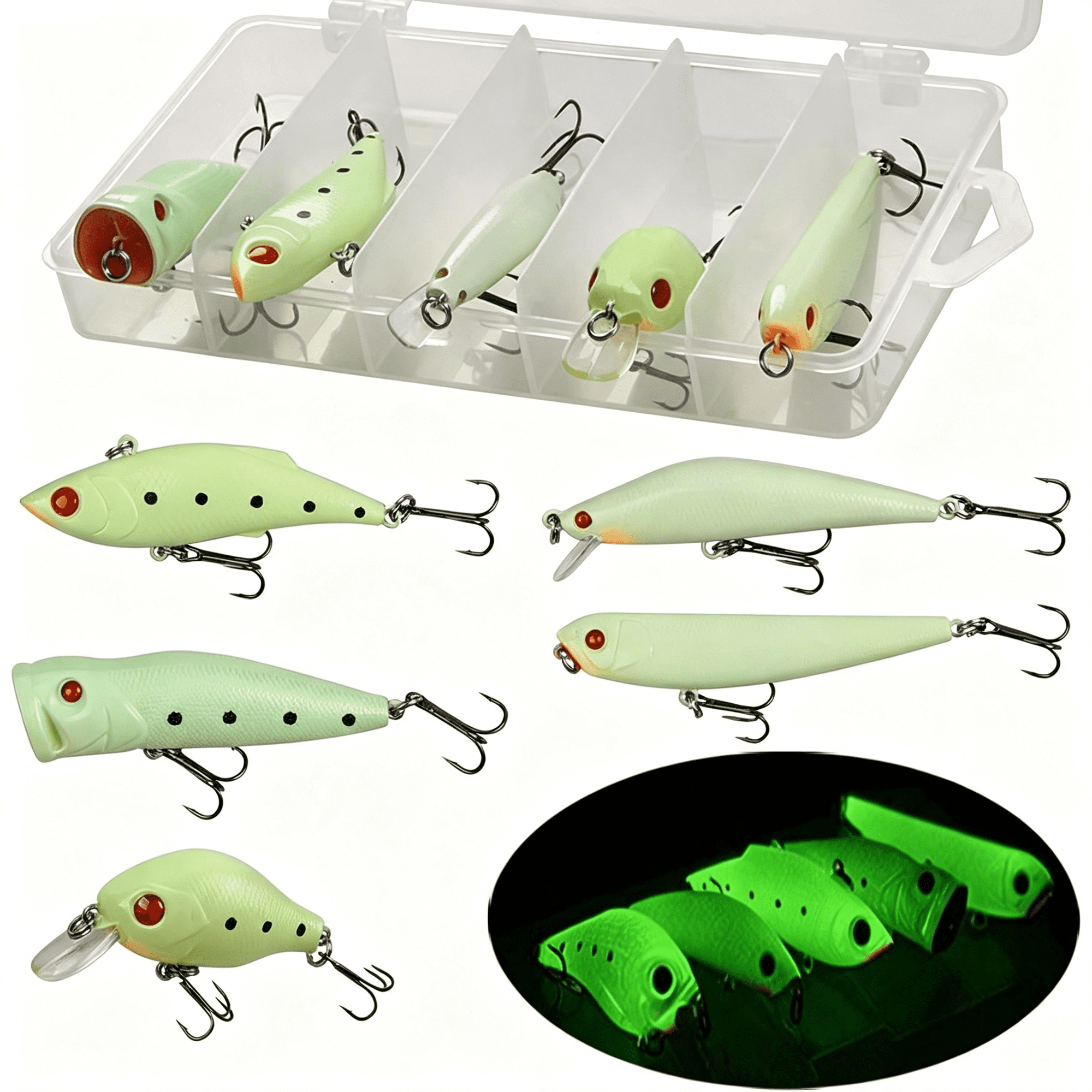 BESTSKY Glow Fishing Lures Bait Kit Luminous Vib Popper Crank Minnow Pencil Hard Bait with Treble Hook Night Fishing Bait Tackle Box (Glow in the Dark Fishing Lures 5Pcs)