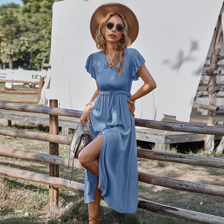 Summer Dresses for Women Maxi Dress V-Neck High Waist Short Sleeve Fashion  Women'S Dress Front Slit Skirt - Walmart.com