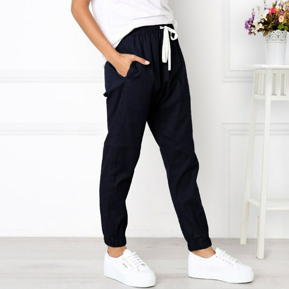 Dqueduo Cargo Pants Women Casual Solid Straight Leg Pants Waistband Bandage Mid-Waist Pants Trousers Gifts for Women on Clearance