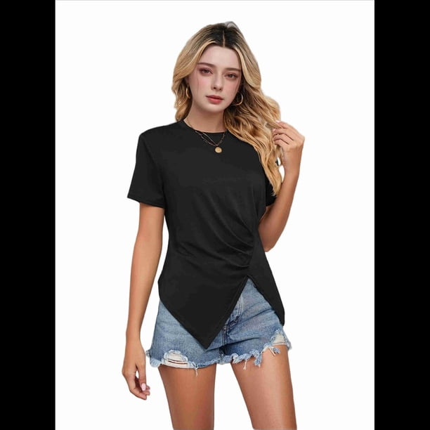 Camiseta de Corta con Cuello Redondo para Mujer, Estilo Túnica con Abertura Frontal, Informal, Holgada, Color Negro, Talla XL