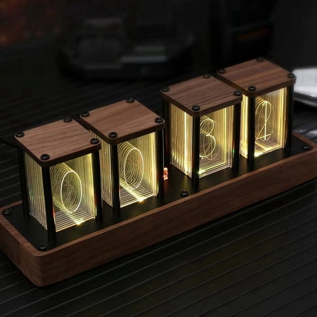 Reloj digital Nixie Tube Clock en color nogal, compatible con calibración de hora por Wi-Fi, alarma y pantalla de 12/24 horas, no requiere ensamblaje