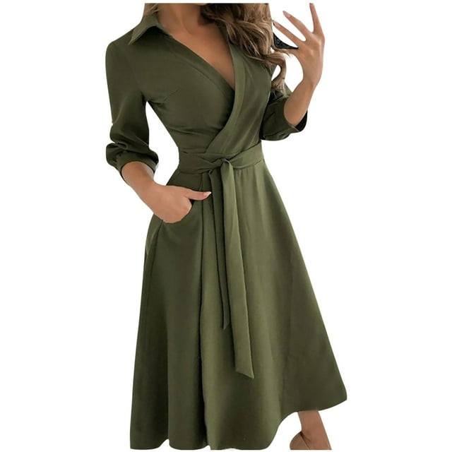 Fridja Femmes Occasionnels Bandage en Vrac Demi-Manche Solide V-Cou Robe Cheville-Longueur