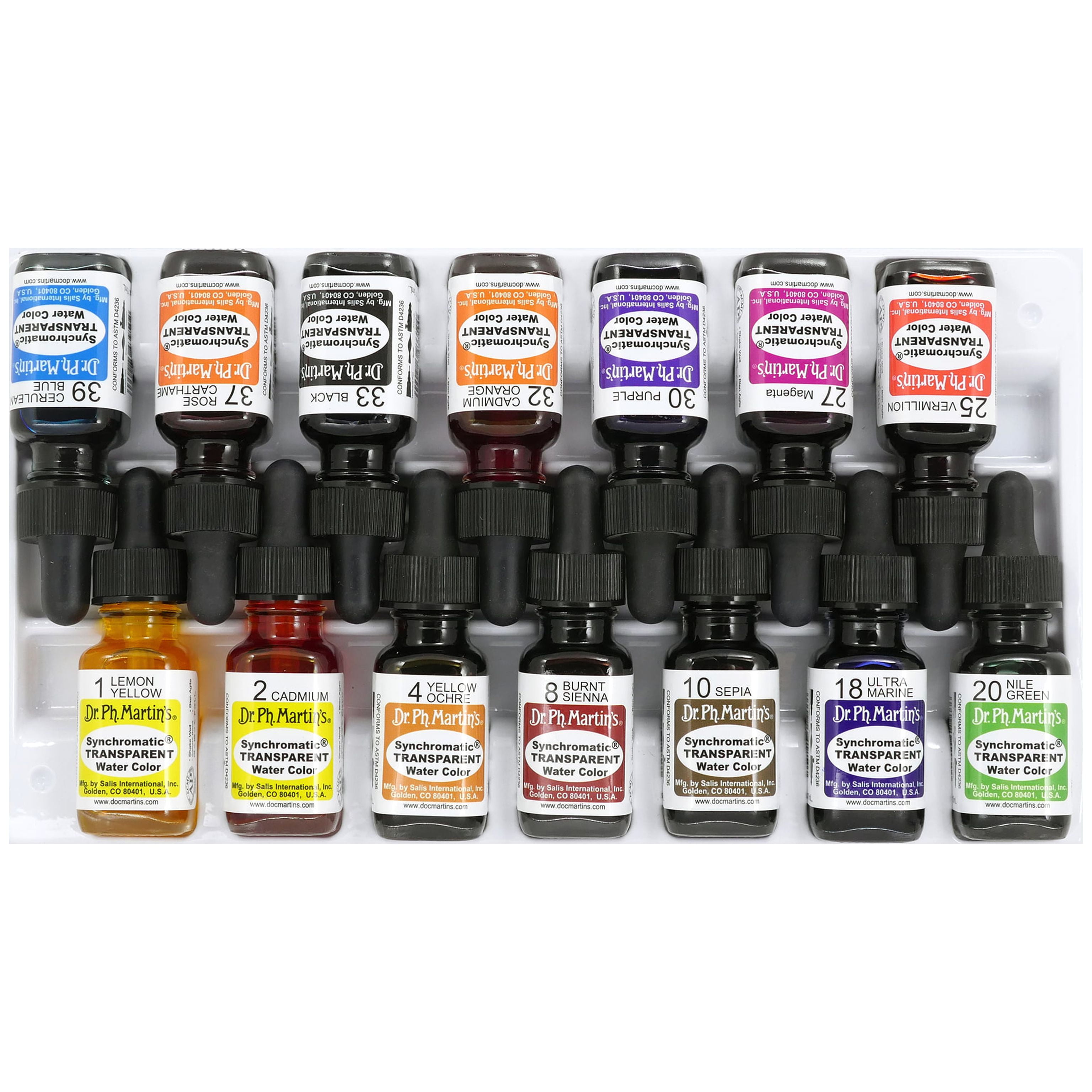 Dr. Ph. Martin's® Synchromatic Transparent Water Color (Student Art Set) Watercolor Set, ½ US fl oz, Assorted Colors, 1 Set of 14 Bottles