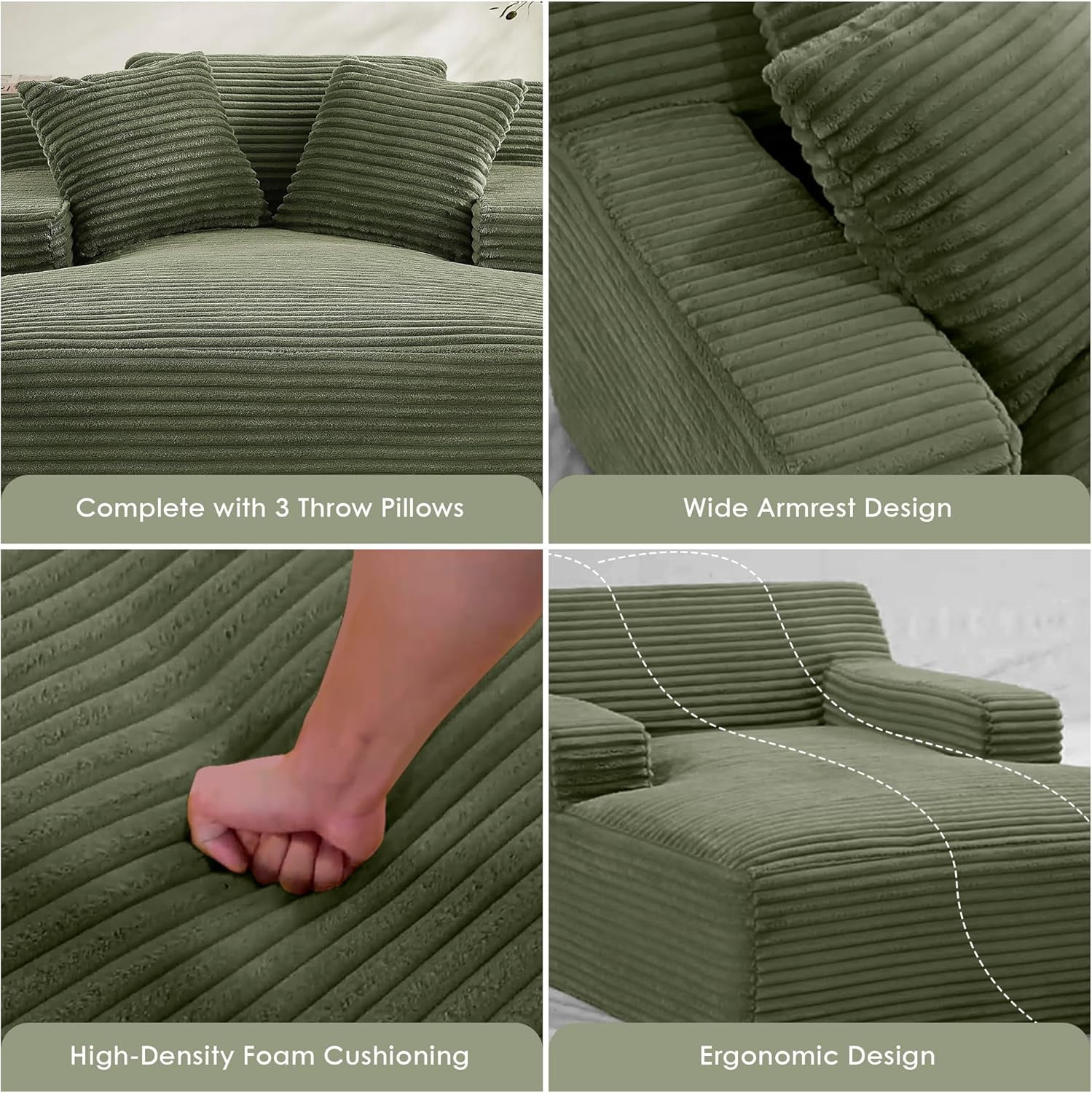 US Pride Furniture Oversized Cozy Corduroy, Foam Comfy Couch with 3 Throw Pillows, No Assembly Sleeper Sofabed for Living Room or Bedroom, Green