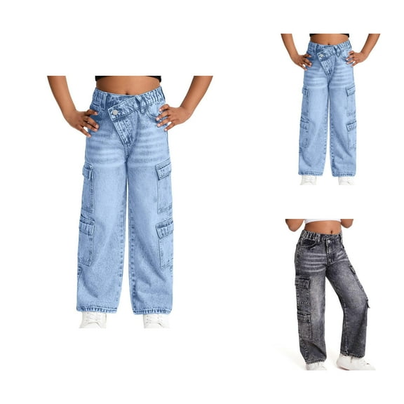 Girls Clothes Girls Jeans Cargo Style Distressed Washed Denim with Multiple Pockets Loose Fit Summer Trousers for 6-13 Years