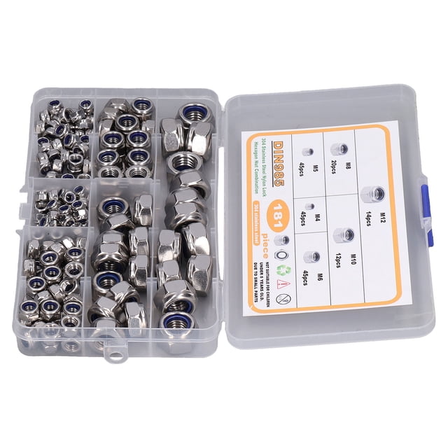 Tuerca de acero inoxidable, 181 piezas Tuercas de hardware 6 Tuercas de bloqueo autoblocantes de nailon Tuerca de inserción Logre más