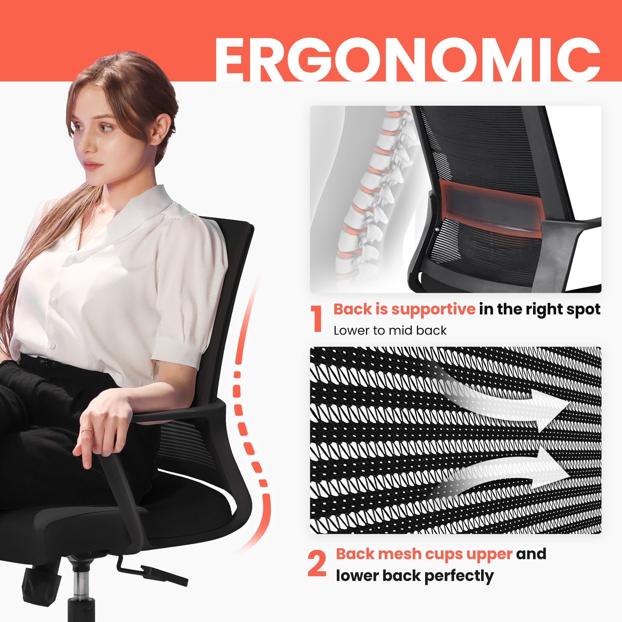 NEO CHAIR Office Chair, Ergonomic Lumbar Support, Adjustable Desk Chair with Armrests, Black
