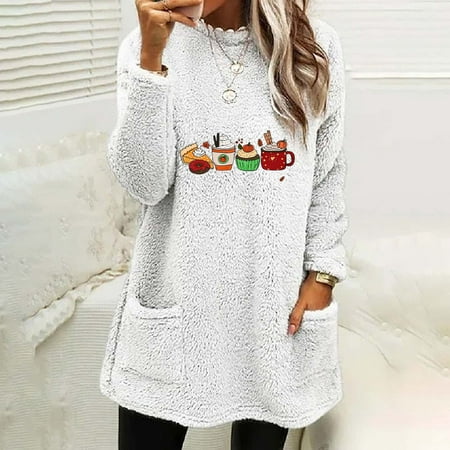 Image of Jyeity Dresses Round- Neck And Winter Loose Print Pocket Warm Long Sleeve Blouse Tops Women S Halloween Costumes White Size XL(US:10)
