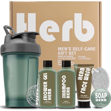 Rinse & Robust Herbal Men's Spa Gift Baskets, Birthday Gift Sets with Sports Water Bottle for Husband Pamering, 6Pcs