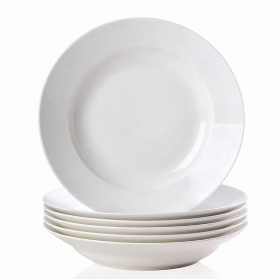 White Dinner Plates Set of 6 9.5 Inch Salad Serving Modern Round Dishes - Dishwasher Microwave Oven Safe Scratch Resistant Smooth Glaze