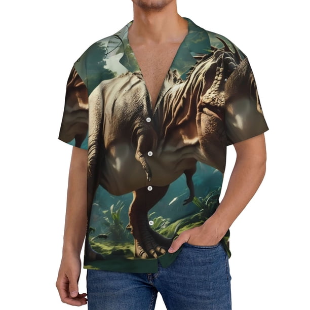 Balery Green Forest Dinosaur Camisa Casual de Manga Corta con Botones para Hombre, Texturizada, Estilo Cubano, para Playa, Verano-3X-Large