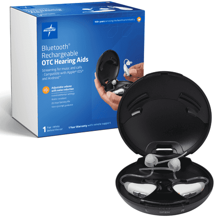 Medline Bluetooth Rechargeable OTC Behind-The-Ear Hearing Aid, White, Adjustable Volume