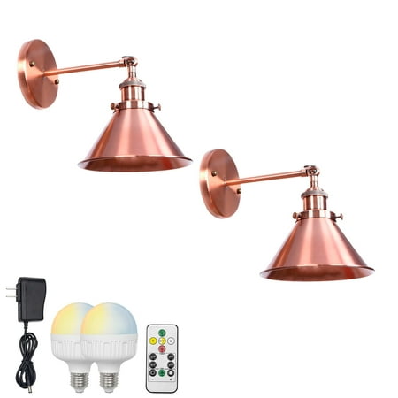

FSLiving Battery Opertaed Wall Sconce Wireless Remote Control Lamp Rechargeable Stepless Dimming LED Bulb Retro Design Red Bronze Metal Wall Light Fixture Nightstand Lamp for Indoor - Set of 2