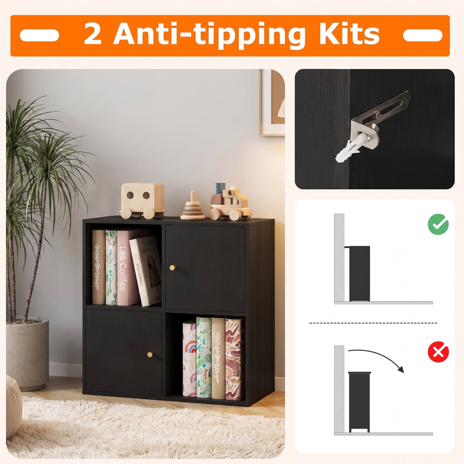 Furnibear 4-Cube 3-Tier Bookcase with 2 Cabinets Dual Anti-Tipping Kits and Metal Knobs for Living Room and Home Office, Black