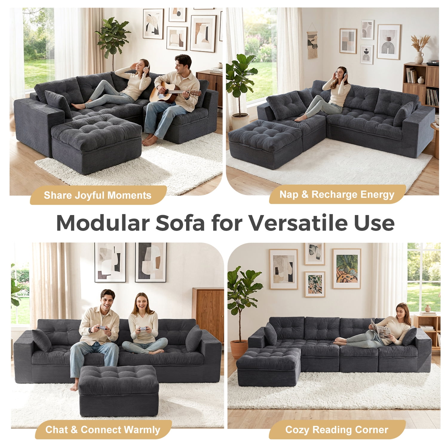 BYBYME 130"Oversized L-Shaped Sectional Sofa Cloud Boneless Modular Couch,Upholstered Sofa with Convertible Left/Right Ottoman for Living Room Bedroom,No Assembly,DGrey