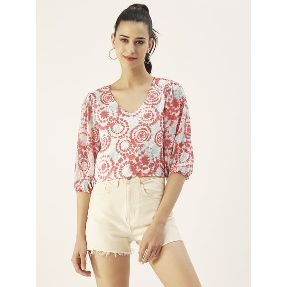 DressBerry Women's Printed Poly Georgette V Neck Puffed 3/4th Sleeves Crop Blouse Regular Use Casual Summer Wear Above Waist Length Regular Short Top