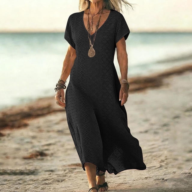 TaTaai Short Sleeve V-Neck Maxi Dress Women's Solid Color Casual Dress with Lock Detail Stretchy Polyester Blend Summer Wear Gift