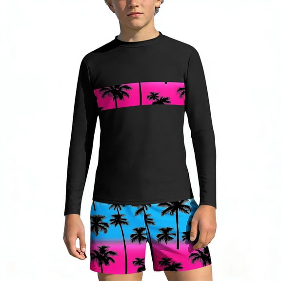 ITSAME Boys Rash Guard Swimwear Long Sleeve Tops and Swim Trunks Quick-Dry Surfing Swimsuit 2-Piece Hot Pink Size 11-12