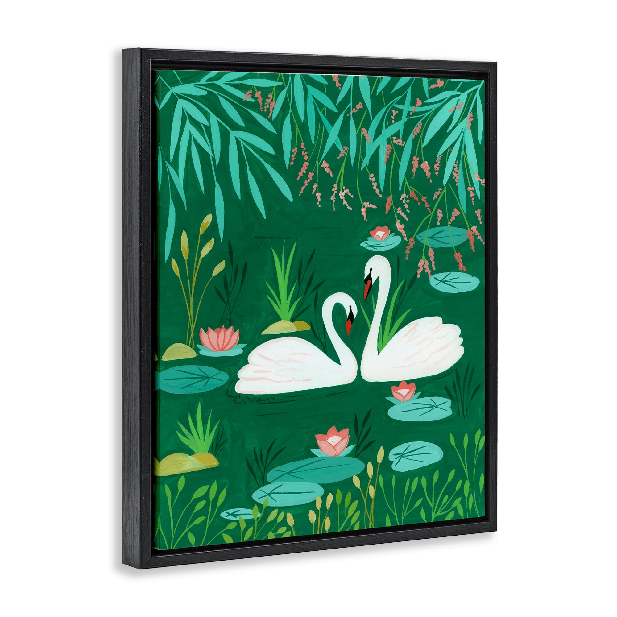 Swan Pair on Green Pond Black Framed Floater Canvas Wall Art, design by Nabeela Rumi